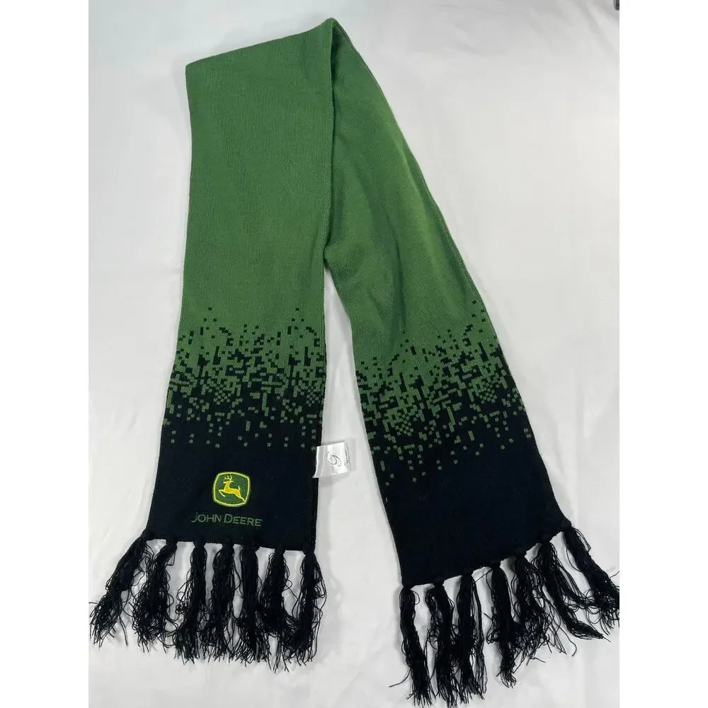 John Deere Cary Francis Knit Scarf Green Black Pixel Print Fringe Unisex Adult